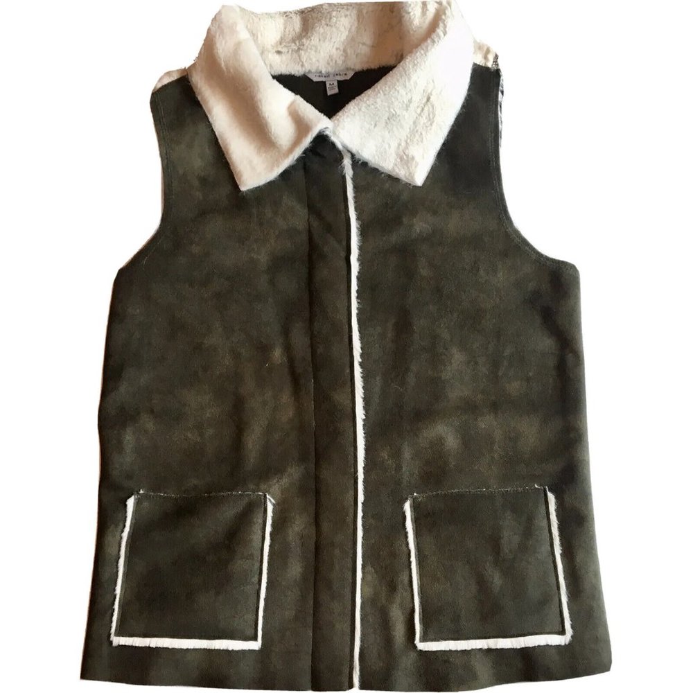 Naked Zebra Womens Size Medium Green‎ And Cream Faux Suede Faux Fur Lined Vest
